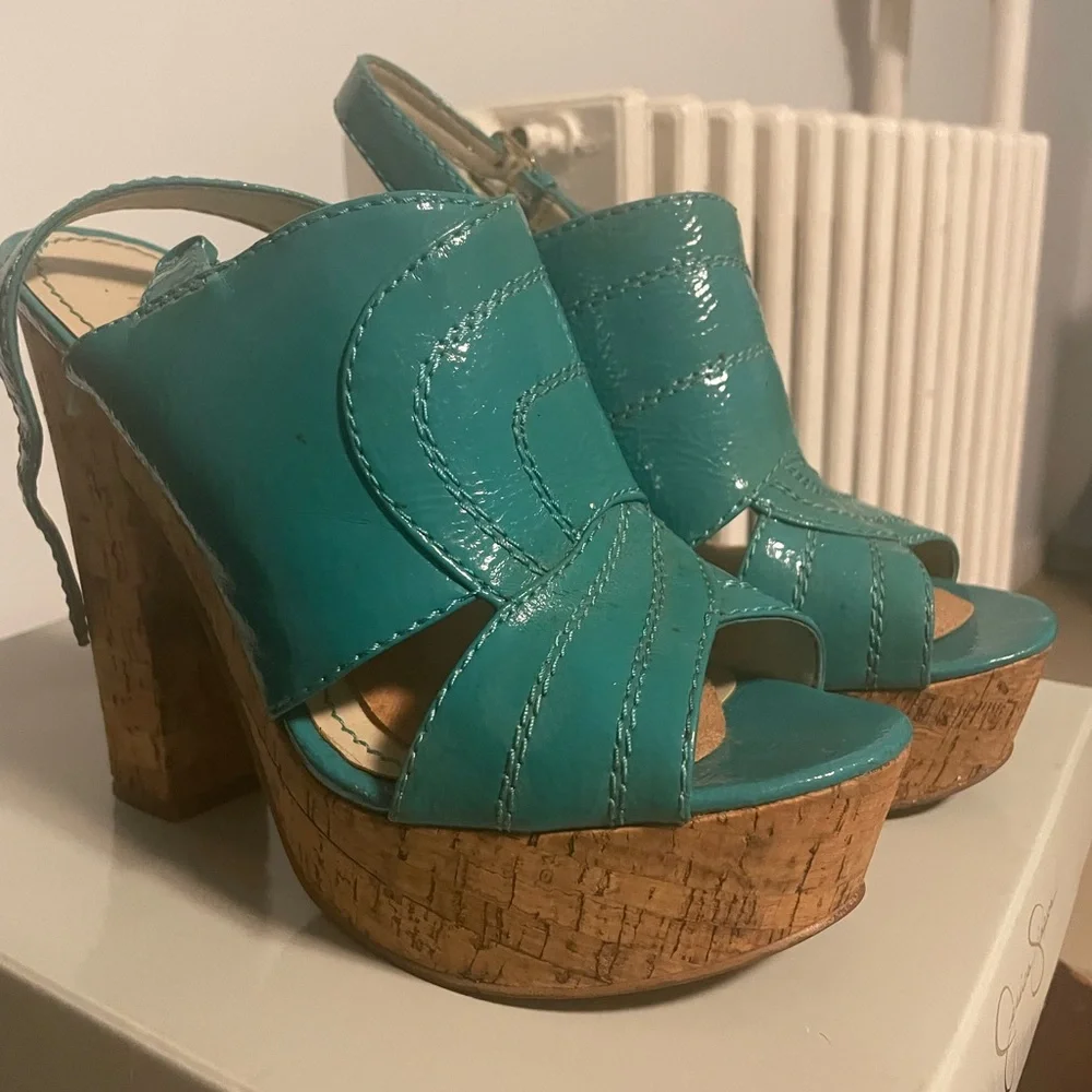 Turquoise Platform Cork Heel Sandals - Women's